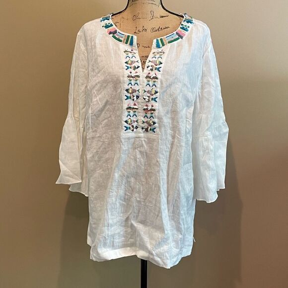 New Talbots Fish Embellished Linen Tunic White 2X #135 - Picture 4 of 8